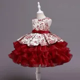 Toddler Girls Sleeveless Flower Embroidery Bowknot Belt Formal Midi Puffy Cake Dress