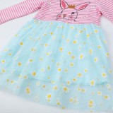 Toddler Girls Long Sleeve Striped Cartoon Bunny Rabbit Prints A-line Casual Mesh Dress