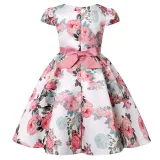 Toddler Girls Flying Sleeve Retro Flower Bowknot Belt Formal Maxi Dress