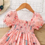 Toddler Girls Short Sleeve Folding Prints Floral A-line Casual Dress