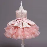 Toddler Girls Sleeveless Flower Embroidery Bowknot Belt Formal Midi Puffy Cake Dress