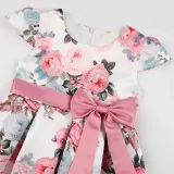 Toddler Girls Flying Sleeve Retro Flower Bowknot Belt Formal Maxi Dress
