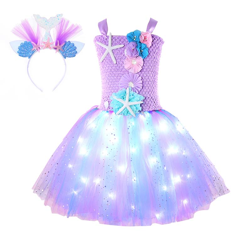 Toddler Girls LED Light Up Two Pieces Knitting Flower Mesh Tutu Dress with Hairband