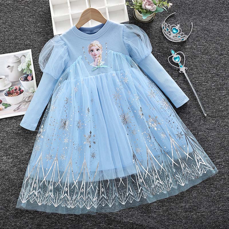 Toddler Girls Long Lace Sleeve Puffy Sleeve Princess Mesh Sequin Snowflakes Tutu Dress