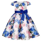Toddler Girls Flying Sleeve Retro Flower Bowknot Belt Formal Maxi Dress