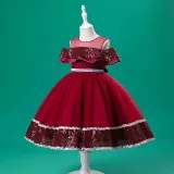 Toddler Girls Sleeveless Sequin Bowknot Belt Formal Maxi Puffy Dress