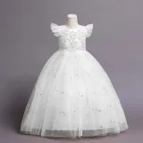 Toddler Girls Flying Sleeve Flower Embroidery Sequin Formal Puffy Maxi Dress