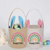 Easter Bunny Ears Canvas Bag Happy Easter Happy Easter Rainbow Rabbit Round Bottom Handbag