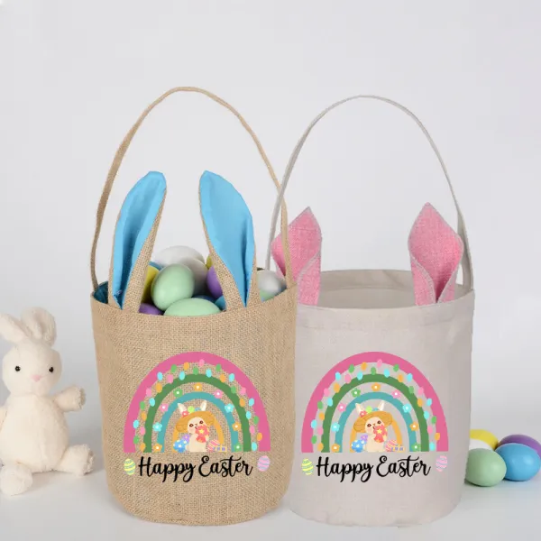Easter Bunny Ears Canvas Bag Happy Easter Happy Easter Rainbow Rabbit Round Bottom Handbag