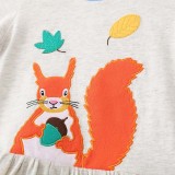 Toddler Girls Long Sleeve Cartoon Squirrel Embroidery A-line Casual Dress