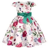 Toddler Girls Flying Sleeve Retro Flower Bowknot Belt Formal Maxi Dress