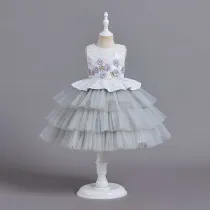 Toddler Girls Sleeveless Daisy Flower Embroidery Formal Maxi Puffy Dress
