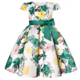 Toddler Girls Flying Sleeve Retro Flower Bowknot Belt Formal Maxi Dress