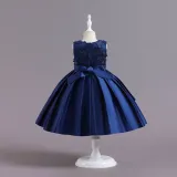 Toddler Girls Sleeveless Flower Embroidery Bowknot Belt Formal Maxi Puffy Dress