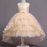 Toddler Girls Sleeveless Pearls Embroidery Butterfly Bowknot Belt Formal Maxi Fishtail Dress