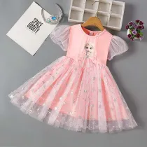 Toddler Girls Mesh Puffy Sleeve Princess Mesh Sequin Snowflakes Tutu Princess Dress