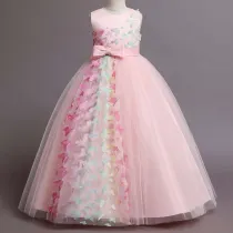 Toddler Girls Sleeveless Butterfly Embroidery Bowknot Belt Formal Gowns Maxi Dress