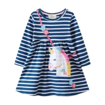 Toddler Girls Long Sleeve Cartoon Unicorns Bag Embroidery A-line Casual Stripes Dress