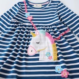 Toddler Girls Long Sleeve Cartoon Unicorns Bag Embroidery A-line Casual Stripes Dress