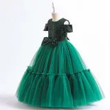 Toddler Girls Off Shulder Sequin Bowknot Belt Formal Maxi Puffy Dress