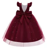 Toddler Girls Flying Sleeve Bowknot Belt Sequin Backless Formal Puffy Maxi Dress