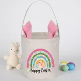 Easter Bunny Ears Canvas Bag Happy Easter Happy Easter Rainbow Rabbit Round Bottom Handbag