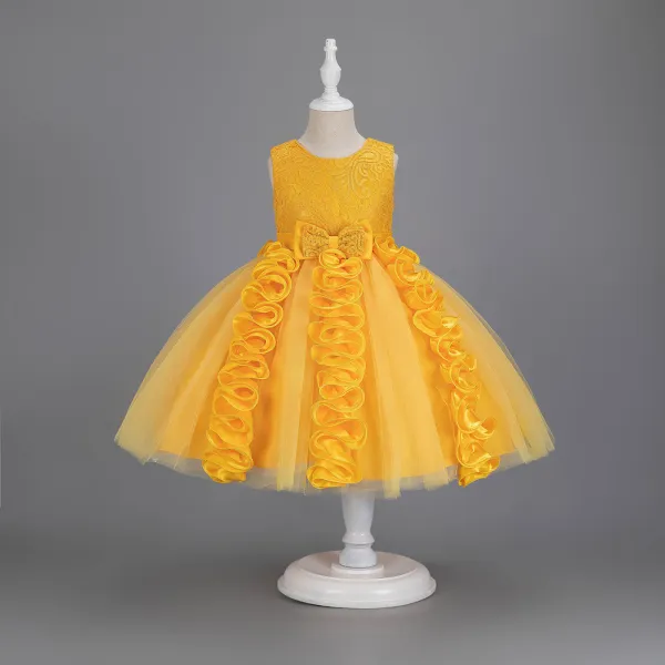 Toddler Girls Sleeveless Flower Rolls Embroidery Bowknot Belt Formal Maxi Puffy Dress