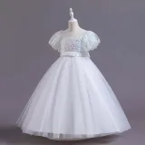 Toddler Girls Flying Sleeve Sequin Bowknot Belt Formal Maxi Puffy Dress