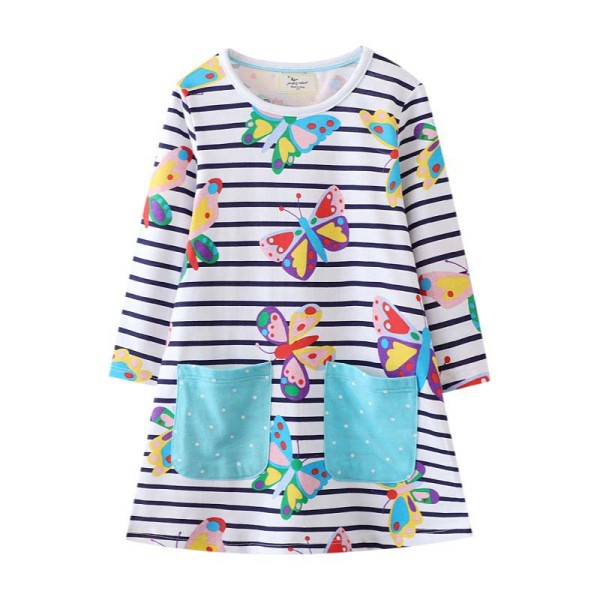 Toddler Girls Long Sleeve Cartoon Butterfly A-line Casual Striped Dress