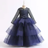Toddler Girls Lace Hollow Out Long Sleeve Embroidery Formal Maxi Gowns Dress