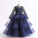 Toddler Girls Lace Hollow Out Long Sleeve Embroidery Formal Maxi Gowns Dress