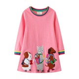 Toddler Girls Long Sleeve Cartoon Puppy and Cats with Schoolbag Embroidery A-line Casual Dress