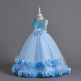 Toddler Girls Sleeveless Glittering Flower Belt Formal Maxi Puffy Dress