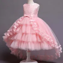 Toddler Girls Sleeveless Pearls Embroidery Butterfly Bowknot Belt Formal Maxi Fishtail Dress