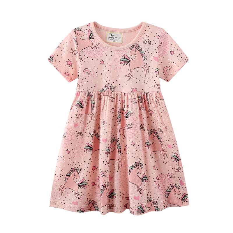 Toddler Girls Short Sleeve Pink Cartoon Rainbow Unicorn Prints A-line Casual Dress