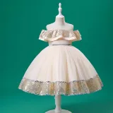 Toddler Girls Sleeveless Sequin Bowknot Belt Formal Maxi Puffy Dress