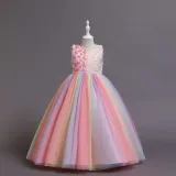 Toddler Girls Sleeveless Colorful Butterfly Pearl Belt Formal Maxi Puffy Dress
