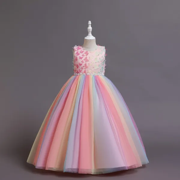 Toddler Girls Sleeveless Colorful Butterfly Pearl Belt Formal Maxi Puffy Dress