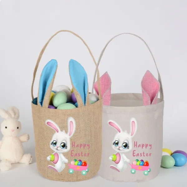 Easter Bunny Ears Canvas Bag Happy Easter Happy Easter Bunny Eggs Round Bottom Handbag