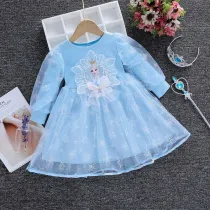 Toddler Girls Long Lace Sleeve Bowknot Princess Mesh Sequin Snowflakes Tutu Dress
