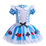 Toddler Girls Puffy Sleeves Blue Poker Prints Mesh Tutu Princess Dress