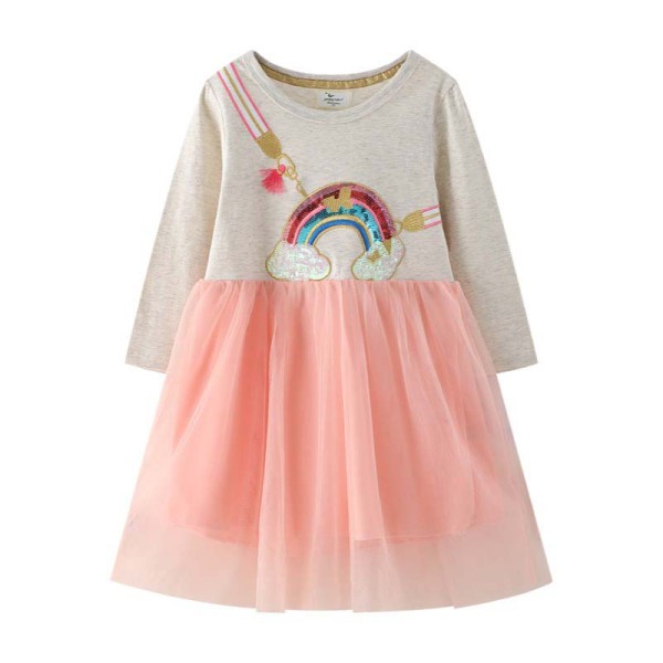 Toddler Girls Long Sleeve Rainbow Prints A-line Casual Mesh Dress