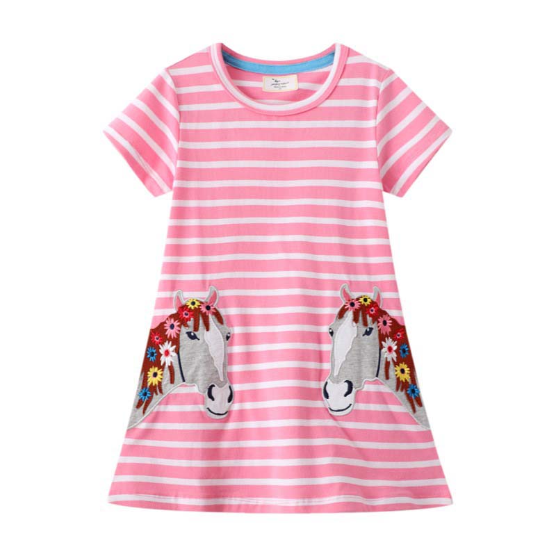 Toddler Girls Short Sleeve Striped Cartoon Flower Pony Prints A-line Casual Dress