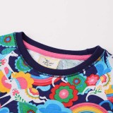 Toddler Girls Long Sleeve Cartoon Colorful Unicorns Flowers Embroidery A-line Casual Dress