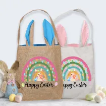 Easter Bunny Ears Canvas Bag Happy Easter Happy Easter Rainbow Rabbit Square Bottom Handbag