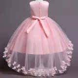 Toddler Girls Sleeveless Pearls Embroidery Butterfly Bowknot Belt Formal Maxi Fishtail Dress
