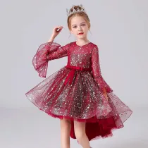 Toddler Girls Mesh Glittering Flared Sleeves Bowknot Belt Formal Gowns Dress