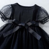 Toddler Girls Short Sleeve Bowknot Sequin Polka Dots Mesh Tutu Dress