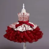Toddler Girls Sleeveless Flower Embroidery Bowknot Belt Formal Midi Puffy Cake Dress