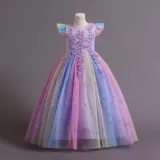 Toddler Girls Flying Sleeve Flower Embroidery Sequin Formal Puffy Maxi Dress